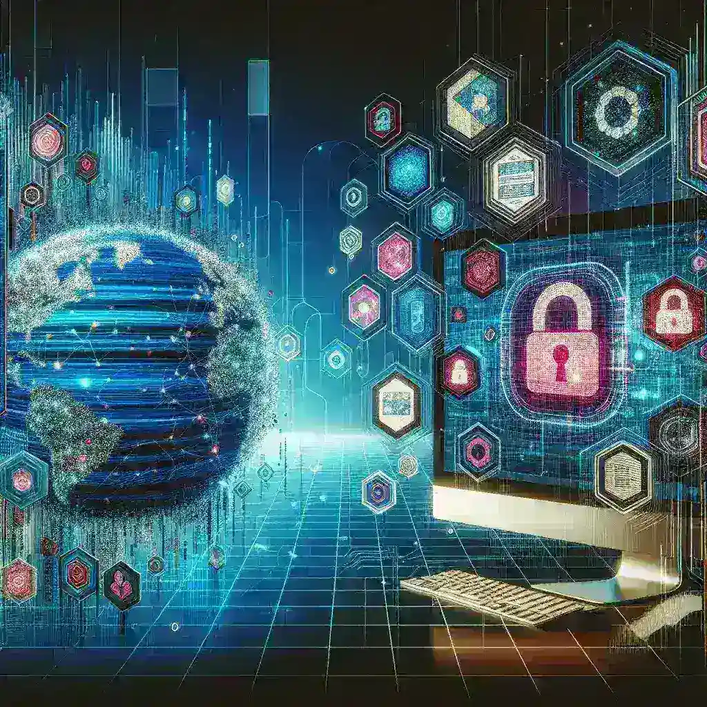 "Ilustrasi layar komputer menampilkan pemberitahuan pemblokiran akun media sosial oleh Kominfo terkait penyebaran konten deepfake suara, dengan latar belakang grafik statistik penggunaan media sosial."